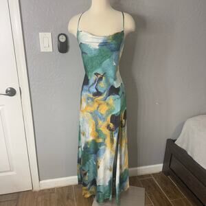 12th Tribe Natalia Blue and Gold Watercolor Maxi Dress, L